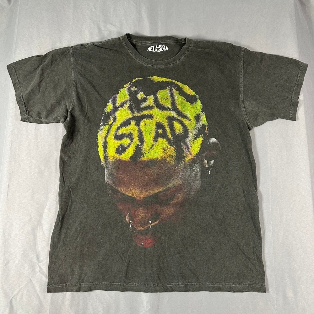 Hellstar Dennis Rodman Bad Boy T-Shirt Mens L Charcoal Grey Graphic Tee
